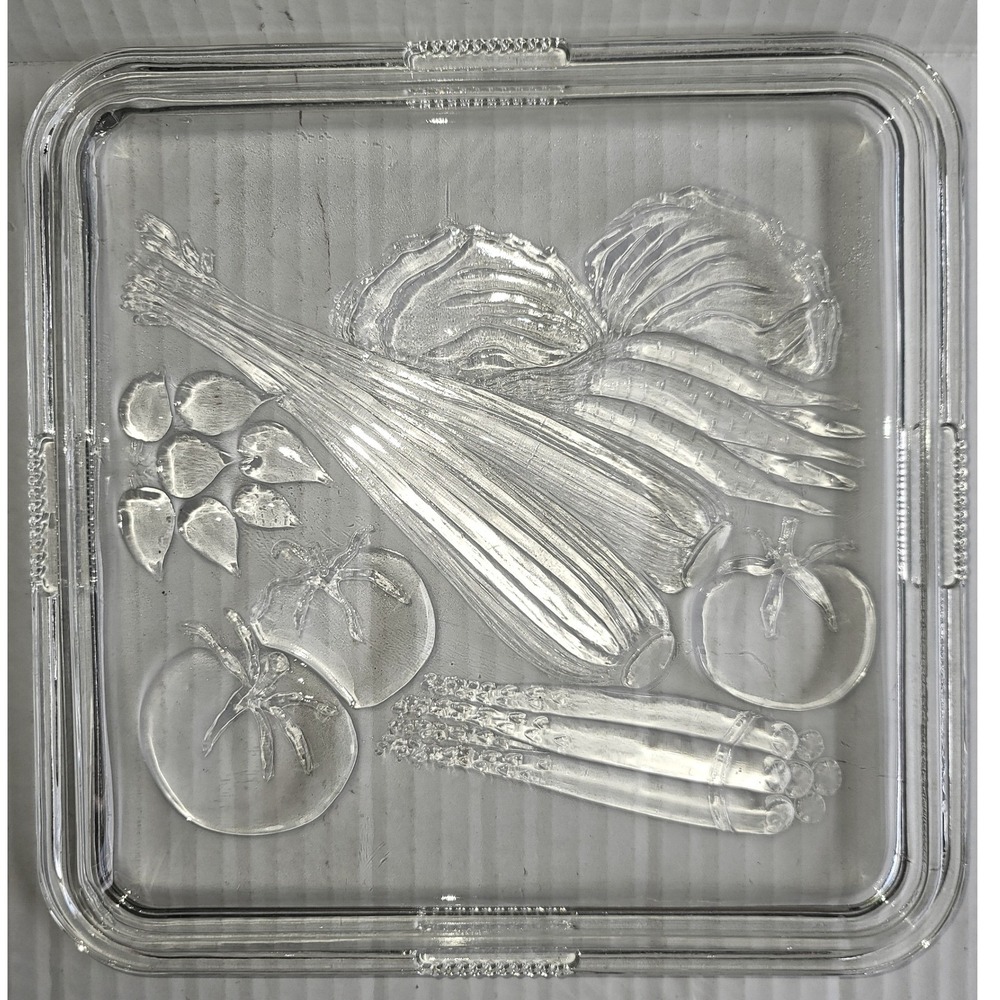 Vintage Federal Glass Clear Vegetable Embossed Pattern Glass LID ONLY  8.5" Sq